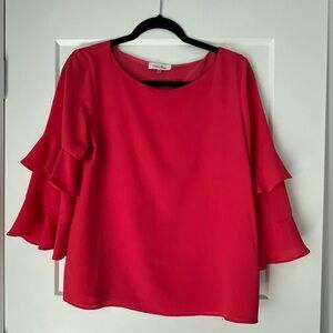 EUC Calvin Klein Women's Vibrant Pink Blouse with Romantic Tiered Sleeves, Small